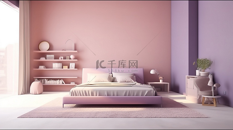 3D 渲染柔和的紫色宁静卧室，