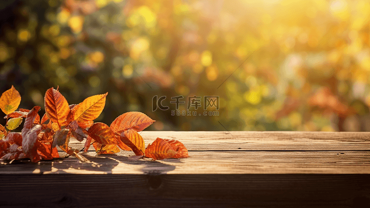 秋天树叶日光木桌广告背景