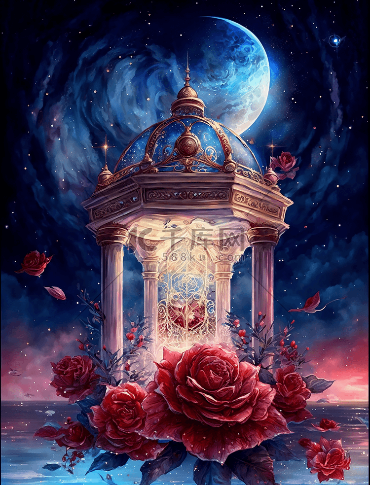 浪漫梦幻卡通玫瑰花卉城堡油画装