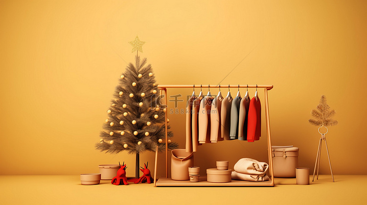 节日松树和礼品服装的 3D 渲