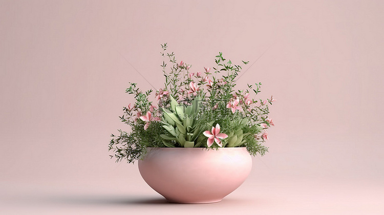 3D 渲染花盆，带有花卉图像，