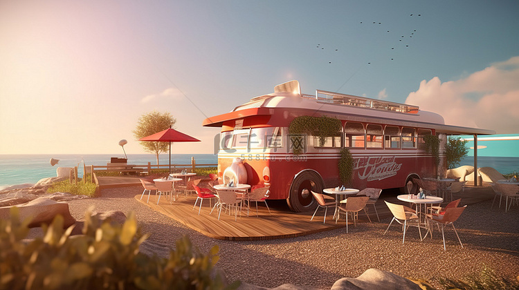 一家迷人的路边餐厅的海边 3D