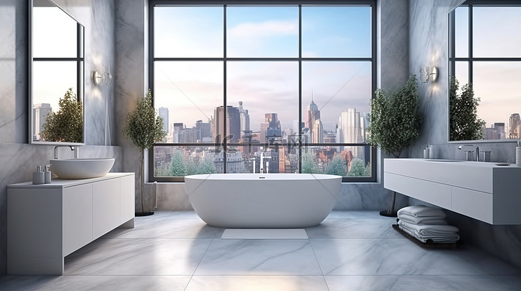 豪华的现代浴室采用大理石瓷砖和