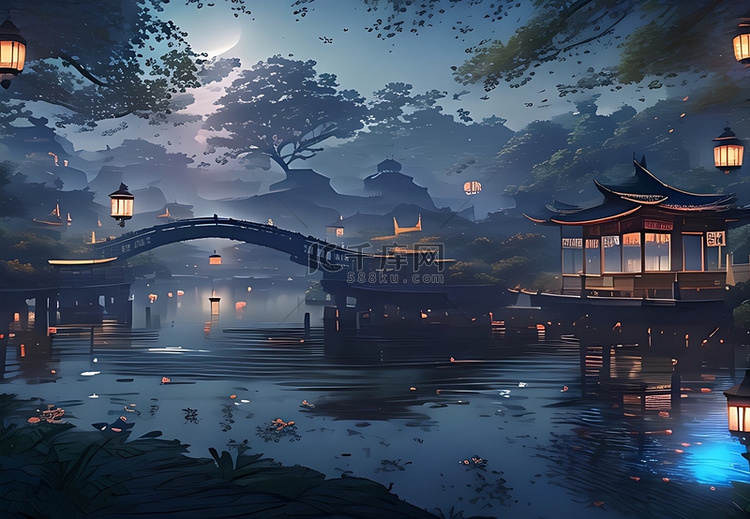 中国风船只夜景风景插画