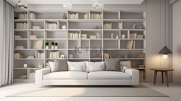 带 3D 渲染靠垫和书架的客厅装饰