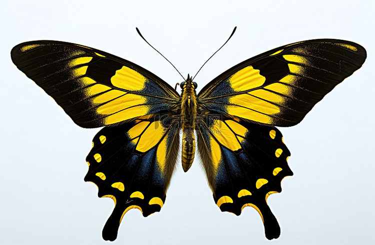 一只黑色和黄色的蝴蝶栖息在白色