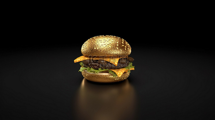黑色背景上金色汉堡的 3D 渲