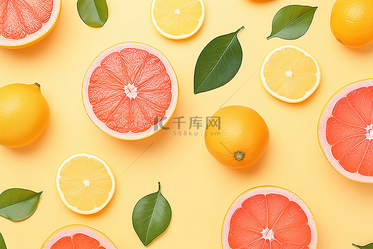黄色背景中的许多葡萄柚橙子和柠