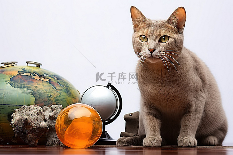 一只猫坐在地球仪和双筒望远镜旁