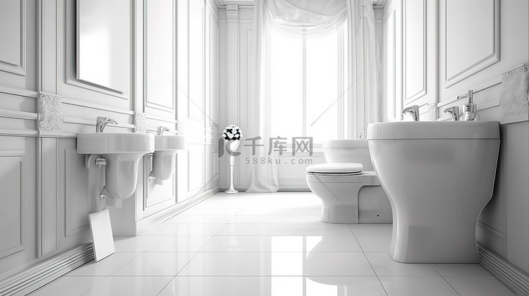 时尚的白色浴室，配有 3D 创