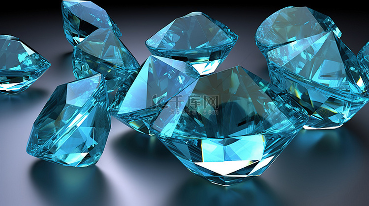 海蓝宝石 3D 渲染的一组宝石