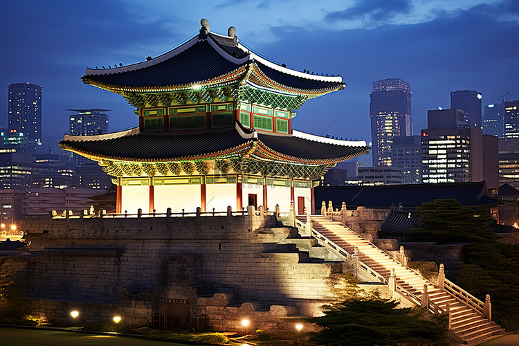 韩国首尔城市夜景 韩国首尔宫殿