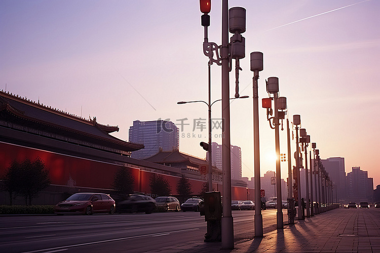 北京的日落路灯和建筑物