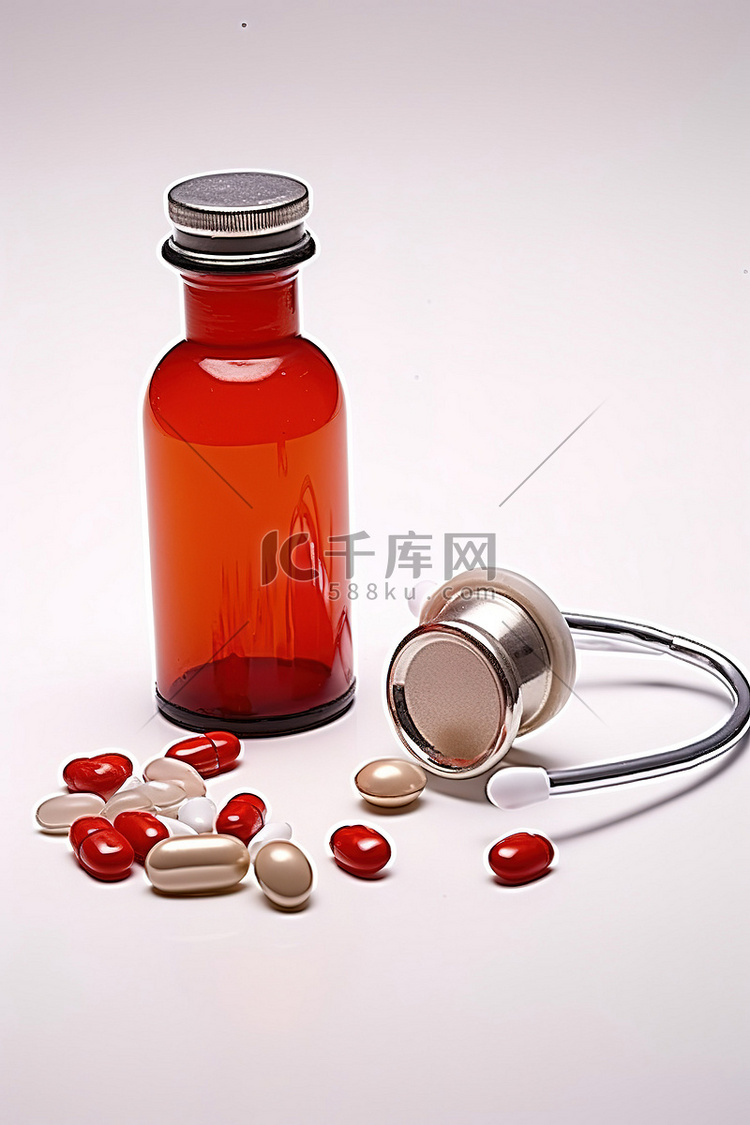 听诊器和药丸放在红色药瓶旁边