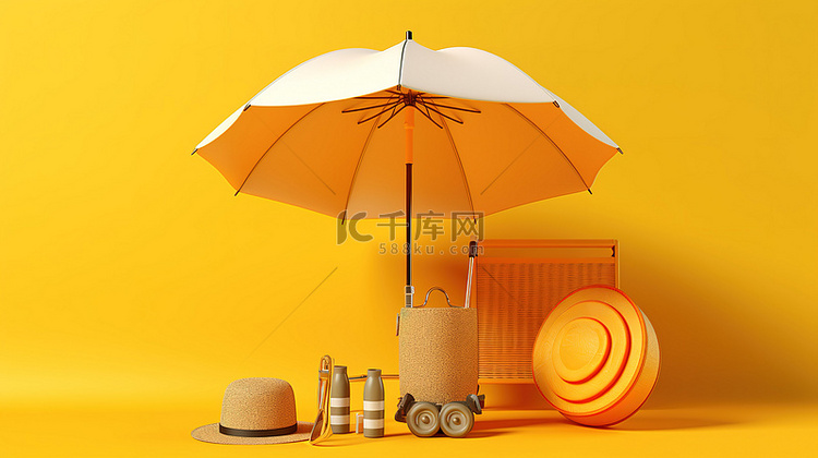 黄色背景上的沙滩伞和旅行配件的