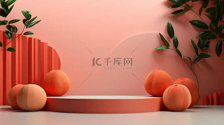 热带树木桃色背景讲台 3D 渲