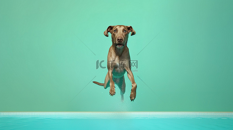 3d 渲染的棕色狗在翡翠池中溅