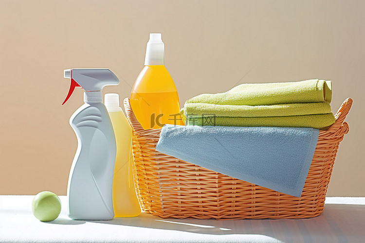 毛巾和洗涤剂坐在一篮子附近
