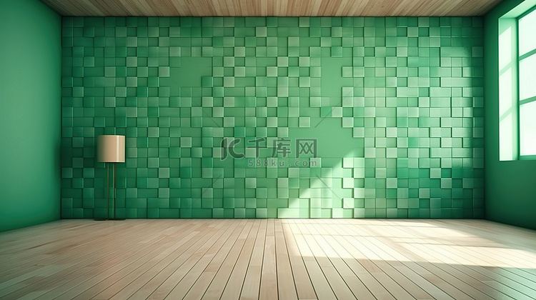 阳光明媚的 3D 渲染绿色房间