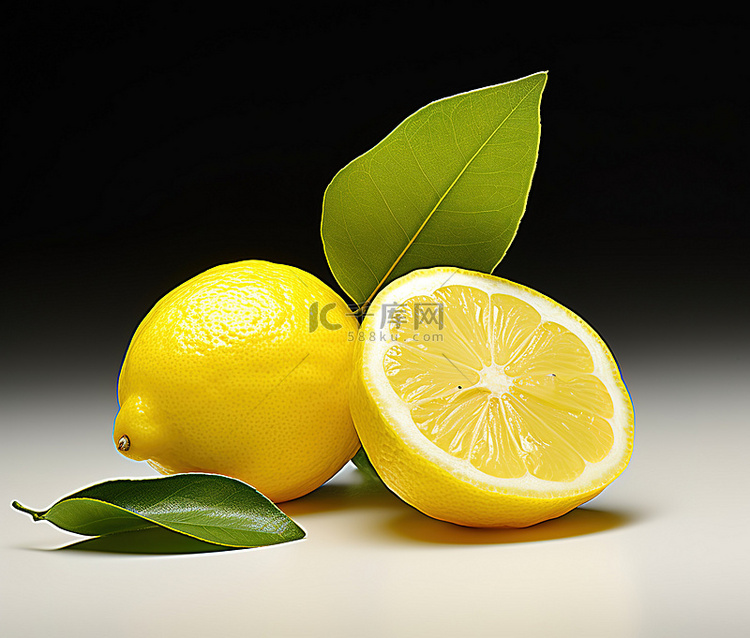 柠檬被切成两半，留下一片叶子