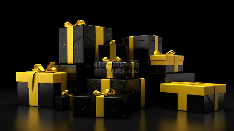 黑色和黄色礼品盒 3d 渲染用