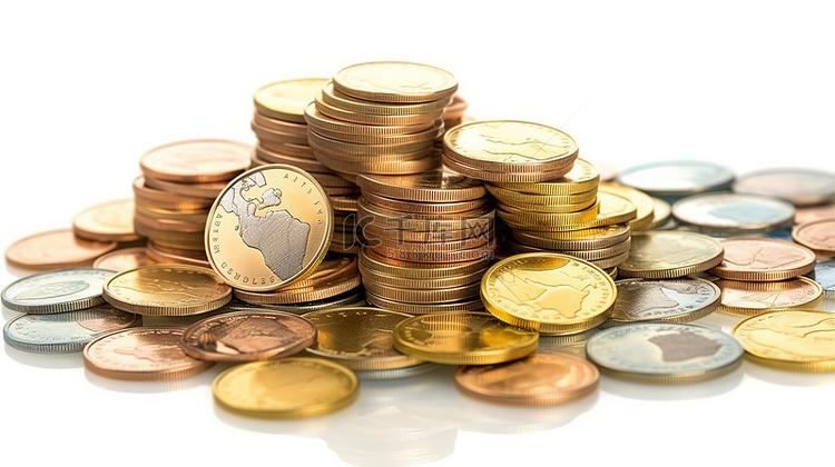 欧元硬币和地球仪在白色背景下隔