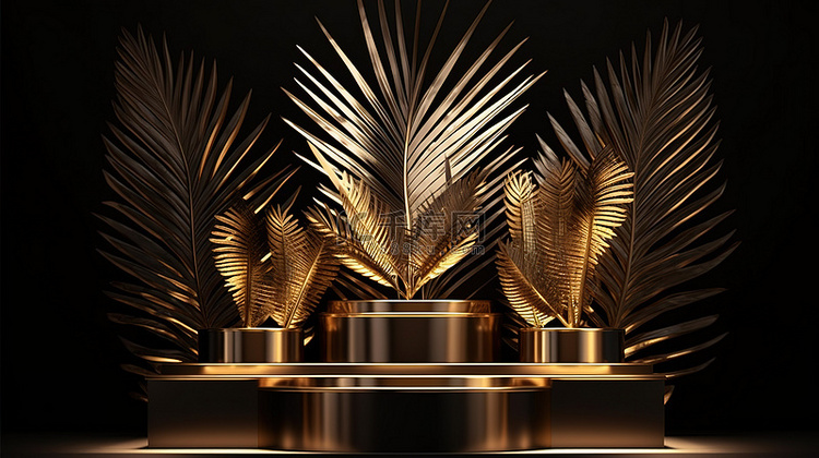 镀金讲台与金色棕榈树在黑色背景