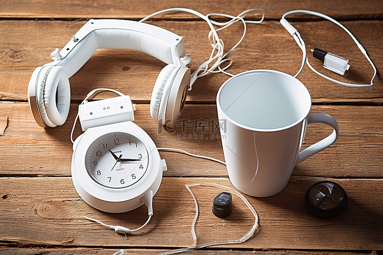 白咖啡杯白色电话耳机和闹钟