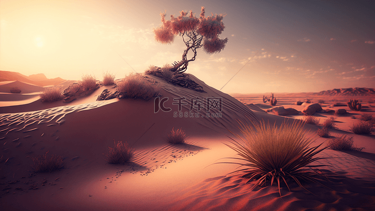沙漠沙丘植被晚霞背景