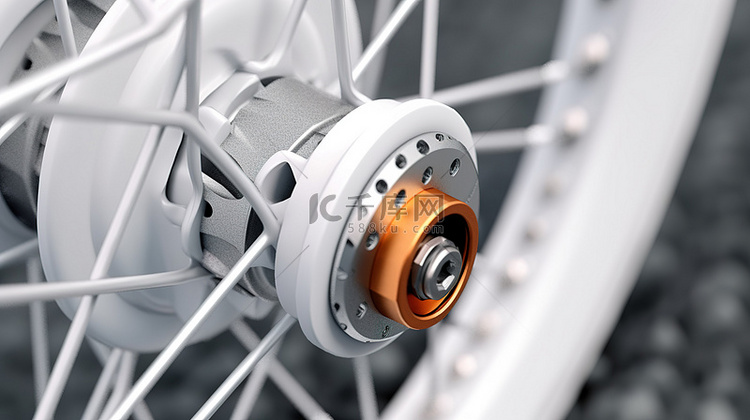 白色自行车后轮的特写 3D 插图