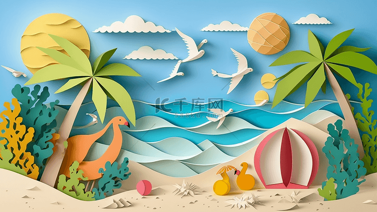 夏季海滩海鸥剪纸