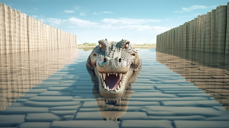 鳄鱼跳入反光水坝 3D 渲染光