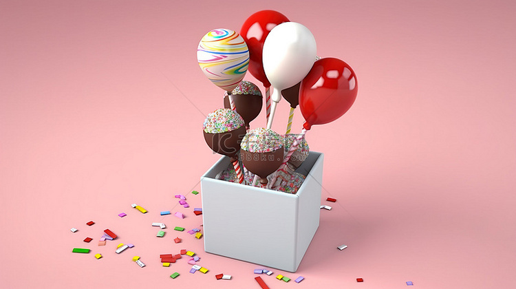 彩色气球和圣诞蛋糕流行的 3D