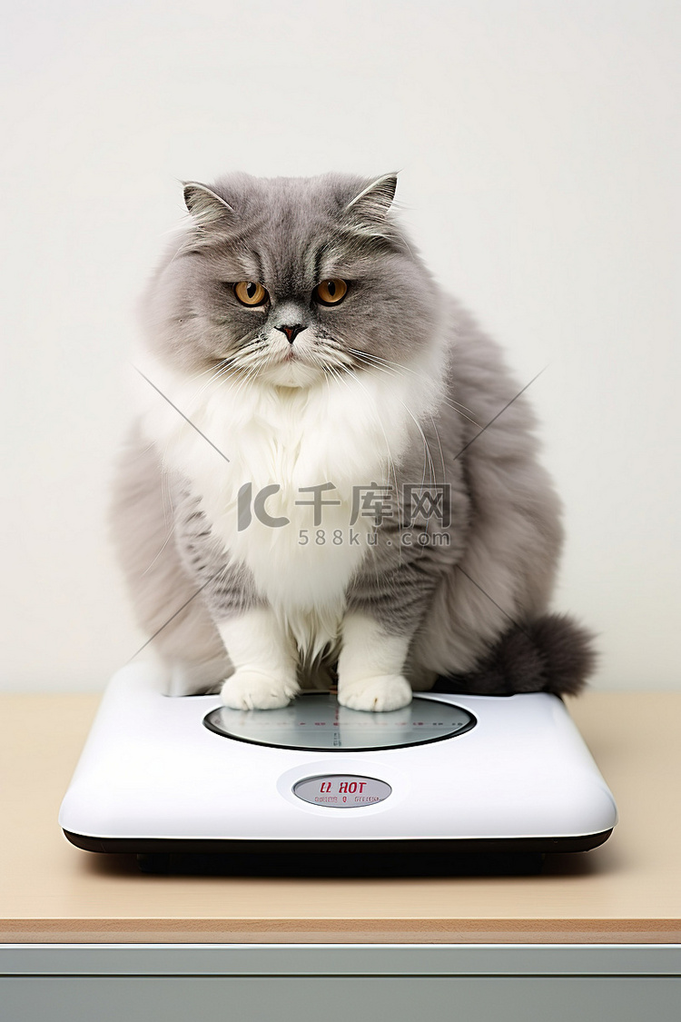 猫坐在体重秤上