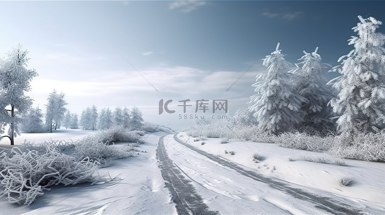 孤立的雪路 3D 插图，风景如