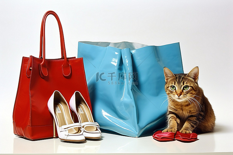 一只猫面前放着一个购物袋和一袋