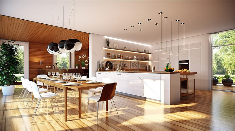 现代厨房和用餐区的 3D 渲染