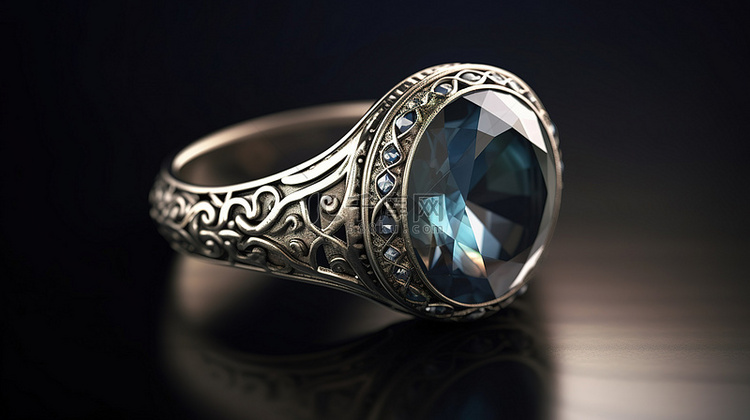 3D 渲染插图的古董银戒指与令
