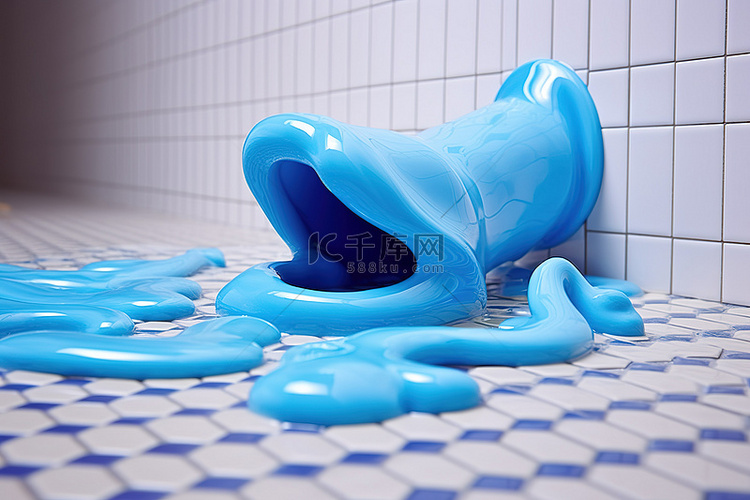 瓷砖浴室内的蓝色液体管