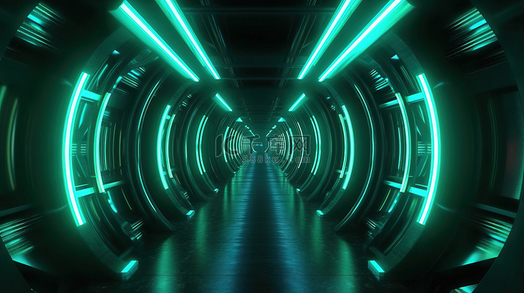 带有绿色和蓝色图案的黑暗科幻隧