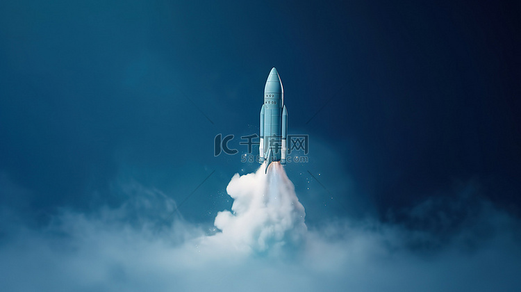 蓝色背景与 3d 太空火箭和烟