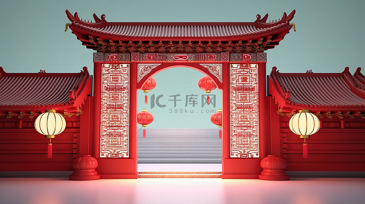 红灯笼装饰着中国传统风格的敞开