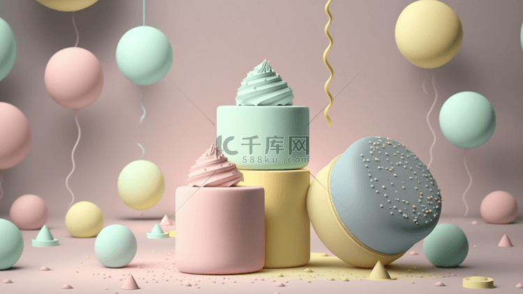 生日气球蛋糕粉色立体背景