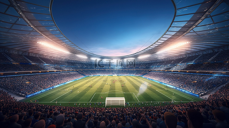 拥挤的足球场的 3D 渲染，球