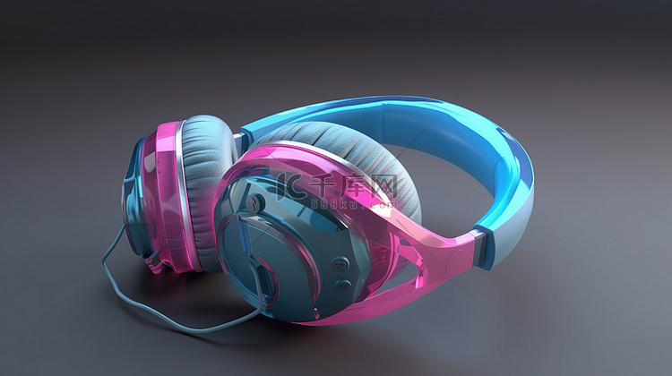 粉色和蓝色色调的 3d 耳机