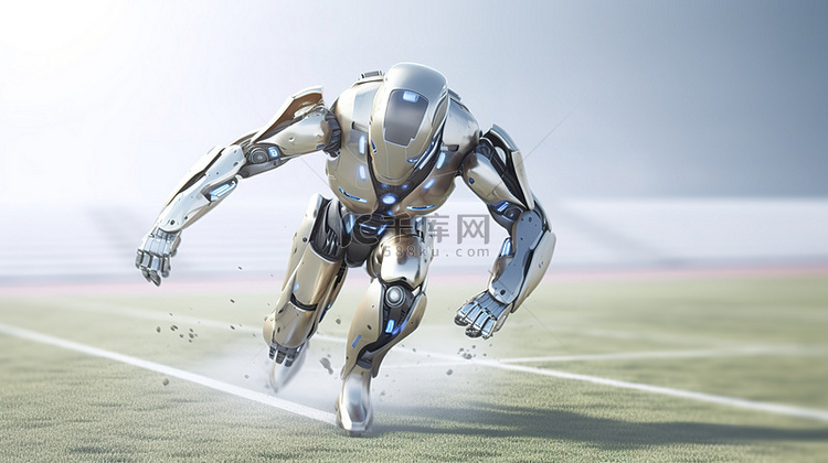 3D渲染的机器人冲刺体现高速技