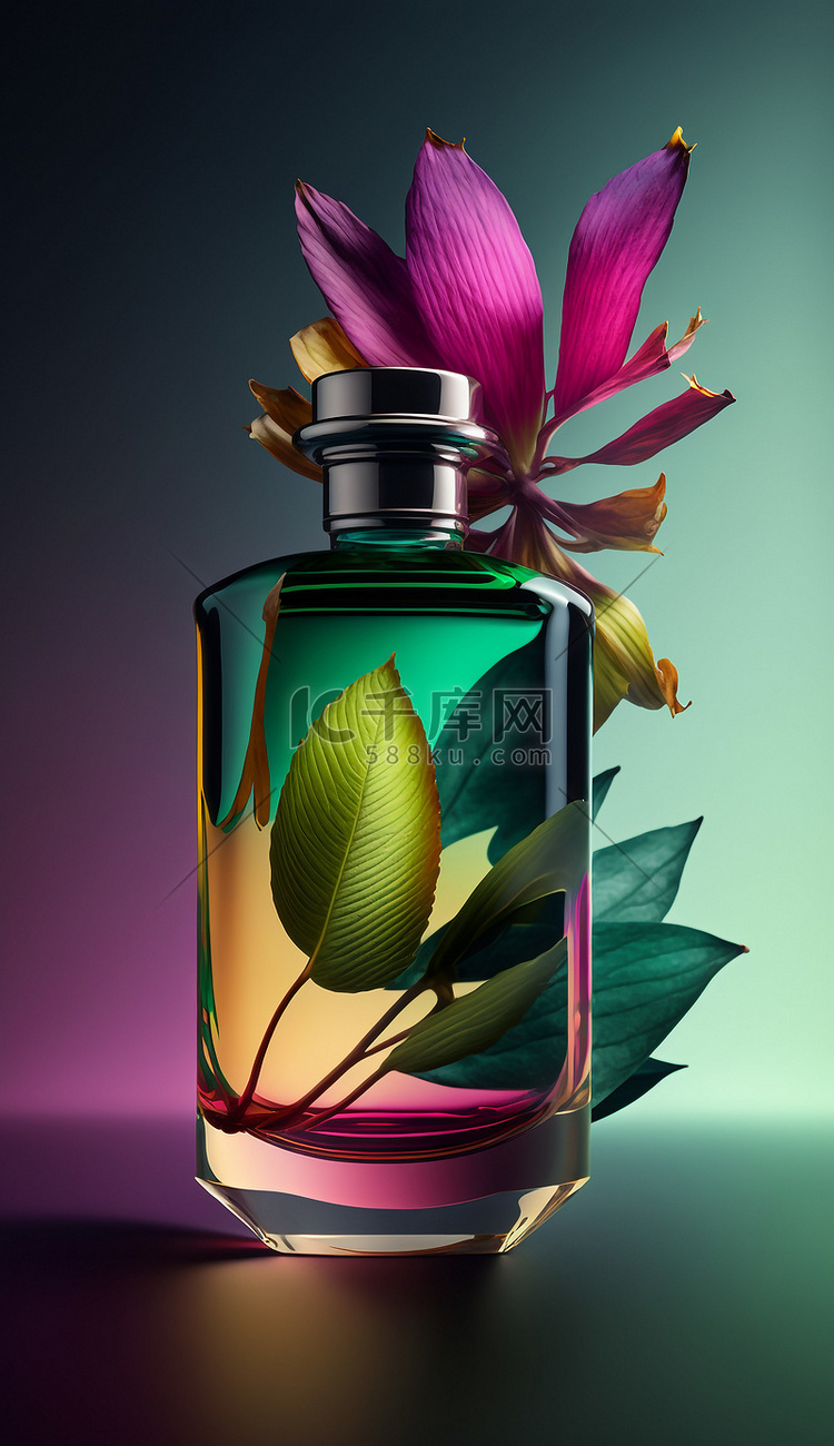 香水瓶植物透明彩色背景