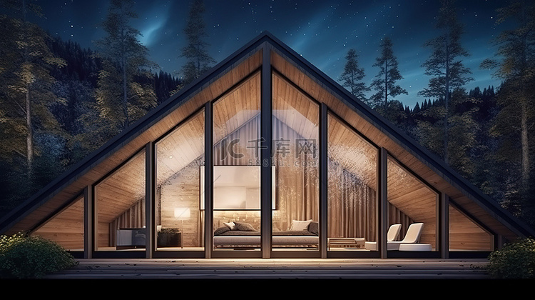 木屋外观设计的夜间 3D 插图