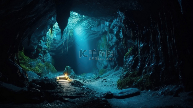 神秘的蓝色洞穴中闪闪发光的水晶