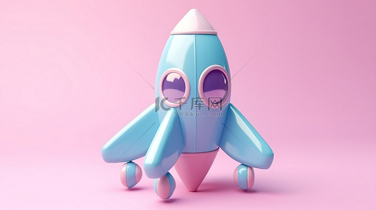 粉红色背景与双色调蓝色玩具火箭